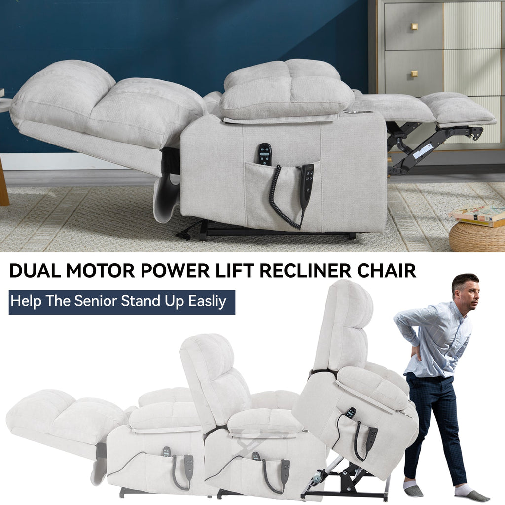 Beige Dual Motor Infinite Position Up to 350 LBS Chenille Power Lift Recliner Chair, Heavy Duty Motion Mechanism with 8-Point Vibration Massage and Lumbar Heating, Dual Cup Holders
