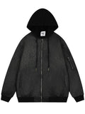 Drawstring Washed Zip Up Hooded Jacket