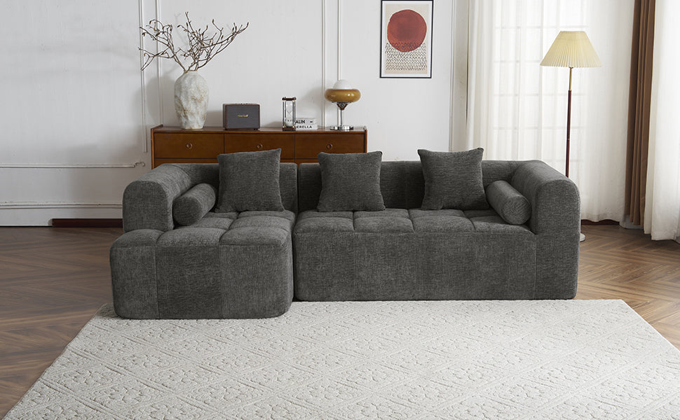 Modern Grey Modular Sectional Sofa with Deep Seating and Side Pockets in Chenille Fabric