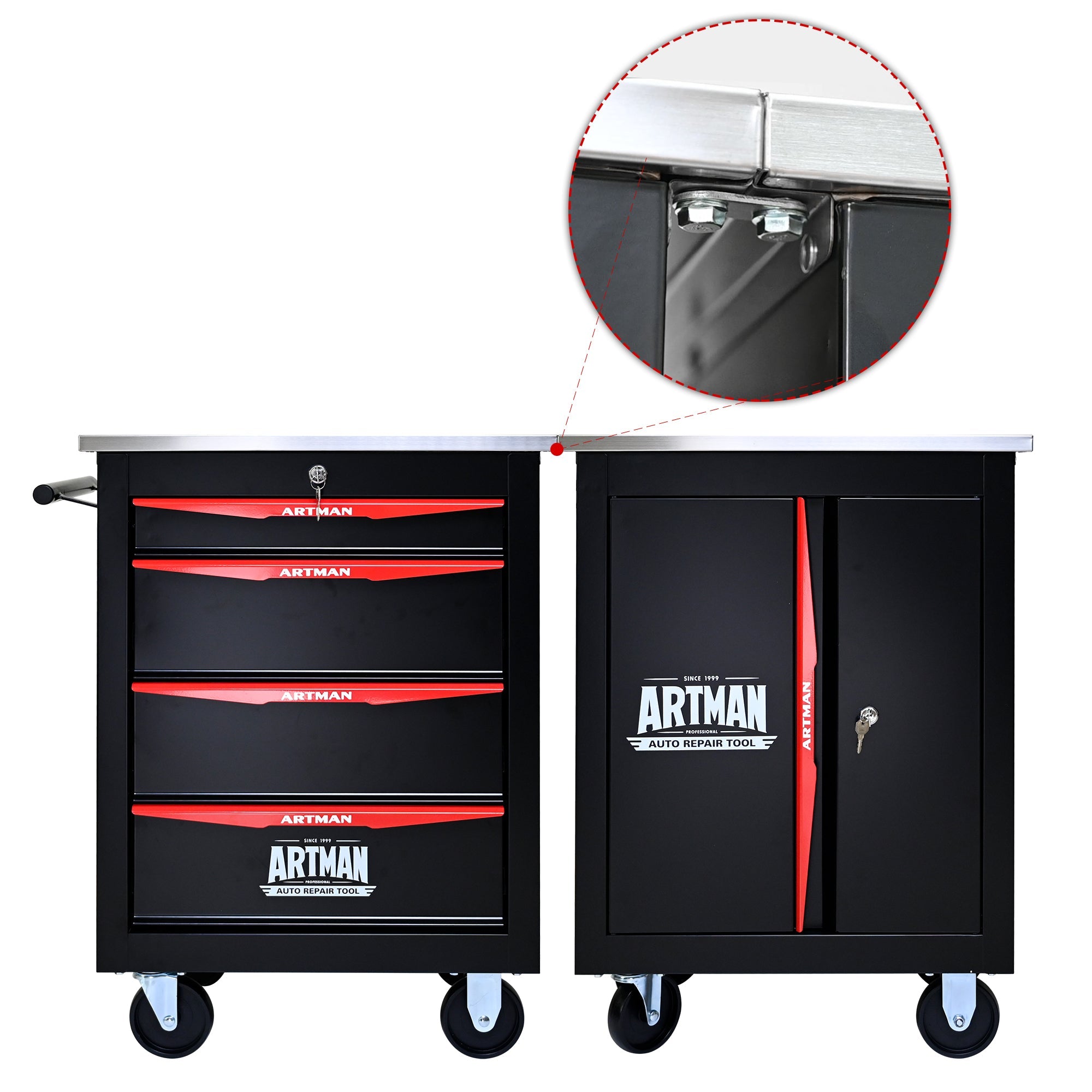 4-Drawer Multifunctional Tool Cart with Wheels, Metal Rolling Tool Cart Storage for Garage Workshop Warehouse Repair Shop - with Stainless Steel Roof - Black & Red