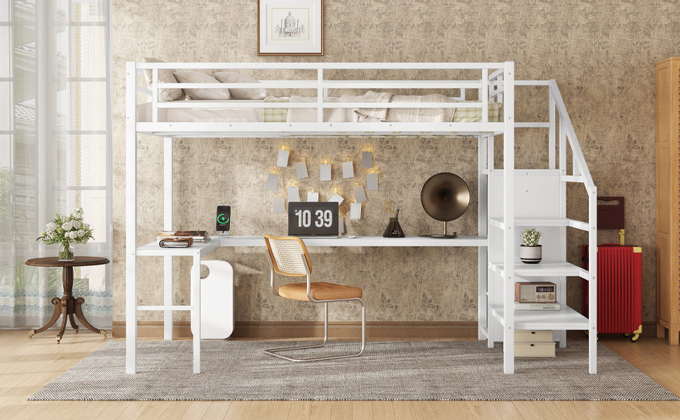 Full Size Loft Bed with L-shaped Desk and USB, Metal Loft Bed with Wardrobe and Adjustable Shelf, High Loft Bed with LED for Kids Teens Adults, White