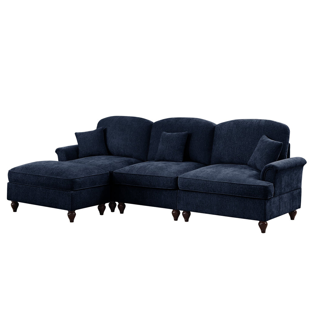 Mid Century Three Seater Modular L Shaped Sectional Couch with Flared Arms and Removable Ruffles Pleats Skirts and Spindle Legs, Comfy Chenille 3-Seat Deep Seat Sofa with Movable Ottoman,Blue