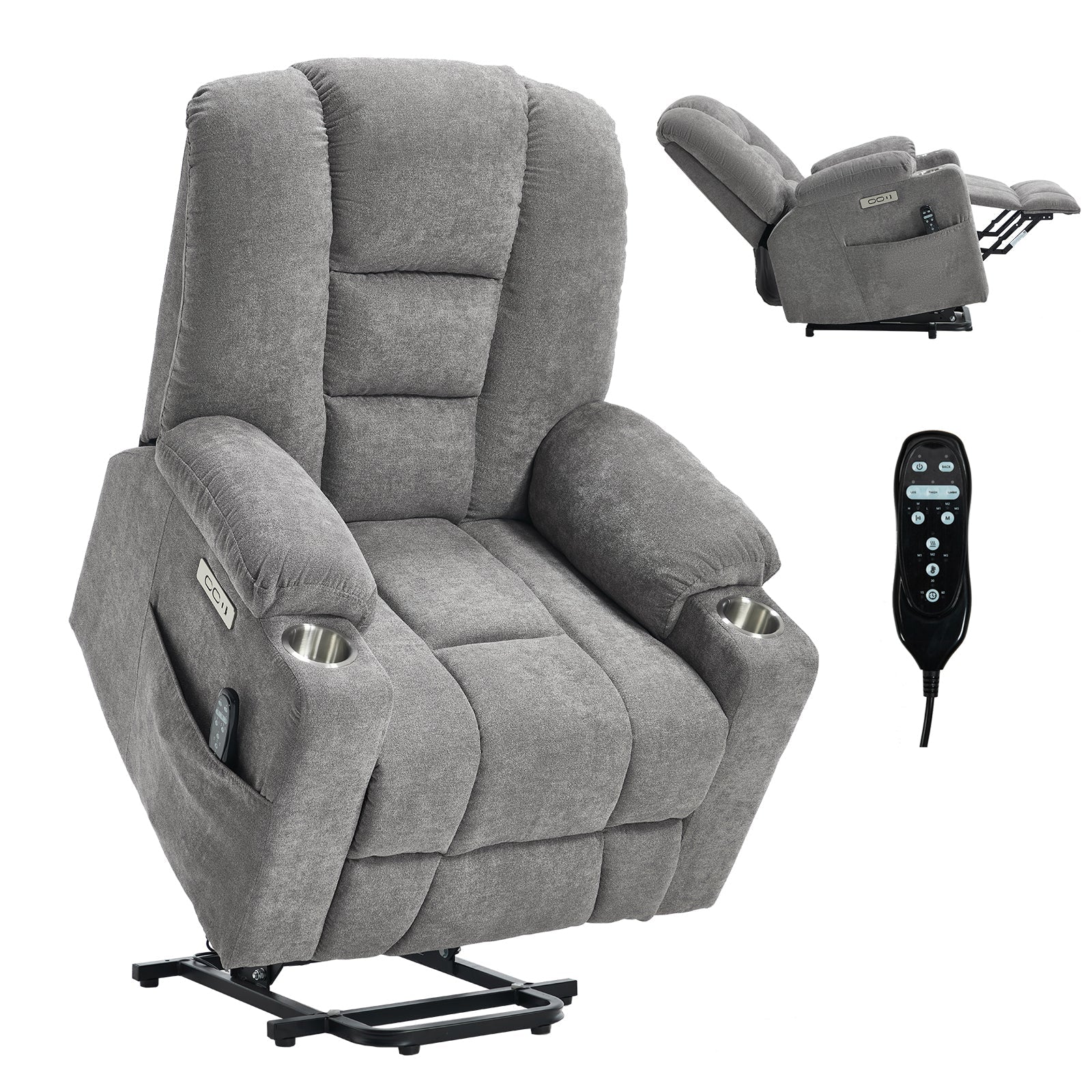 Power Lift Recliner Chair with Massage and Heat for Elderly, Overstuffed Wide Recliners, Heavy Duty Motion Mechanism with USB and Type C Ports, 2 Steel Cup Holders, Light Grey