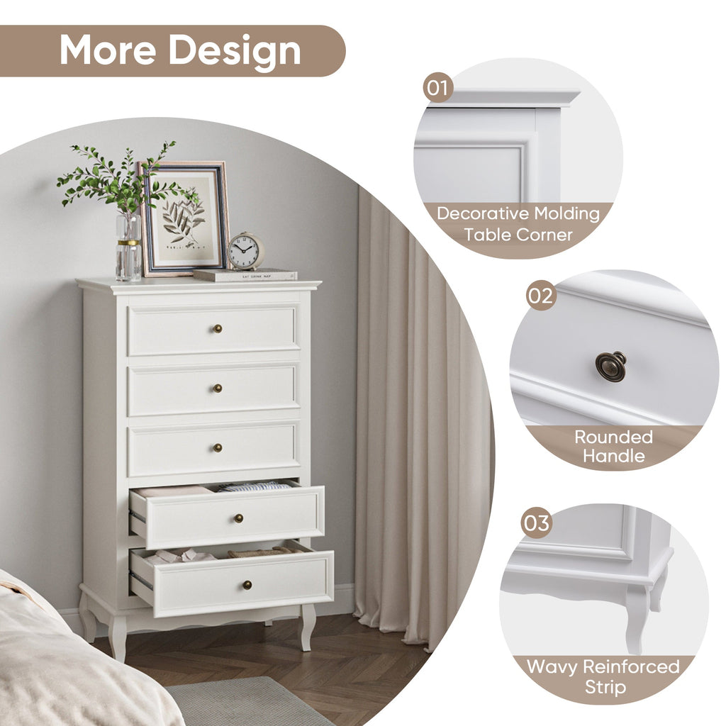 5 Drawer Dresser for Bedroom, Modern Storage Closet Cabinet Organizerwith Solid Wood Legs and Painted Finish-White