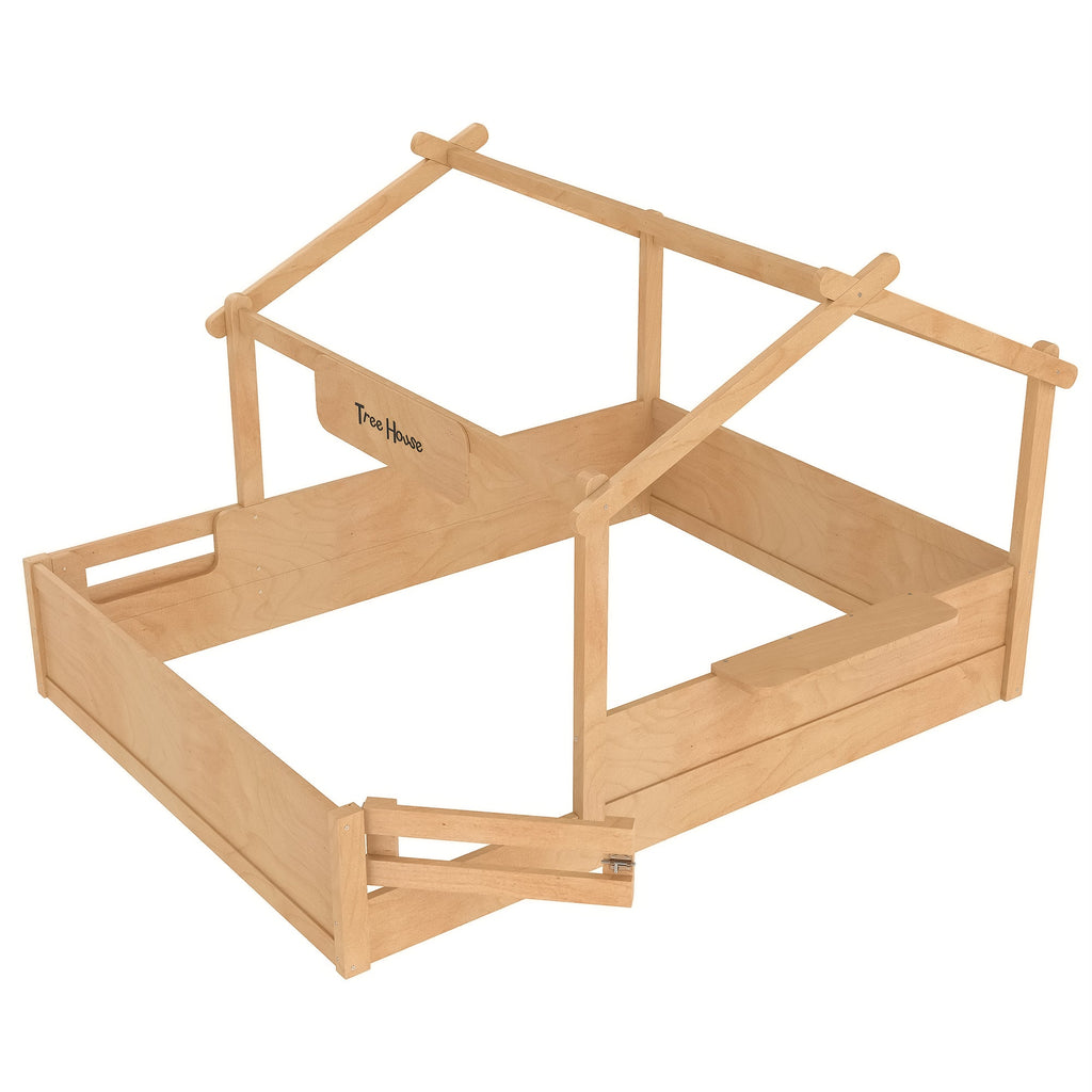 Queen Size Floor Bed with Guardrails and Roof, Kids House Floor Bed with a Small Built-in Tray and Free-installed Signboard, Childlike Design,Natural
