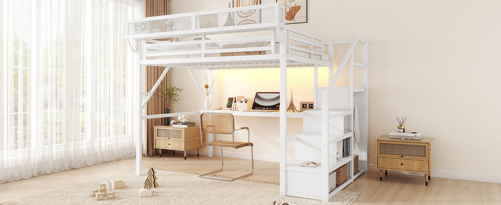 Queen Loft Bed with Desk and Charging Station, Queen Size Metal Loft Bed with Stairs and Light for Kids Teens,White(Old SKU W2580S00033)