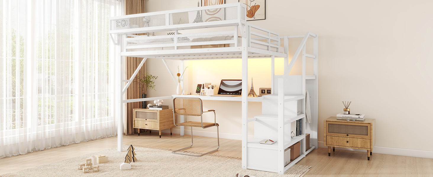 Queen Loft Bed with Desk and Charging Station, Queen Size Metal Loft Bed with Stairs and Light for Kids Teens,White(Old SKU W2580S00033)