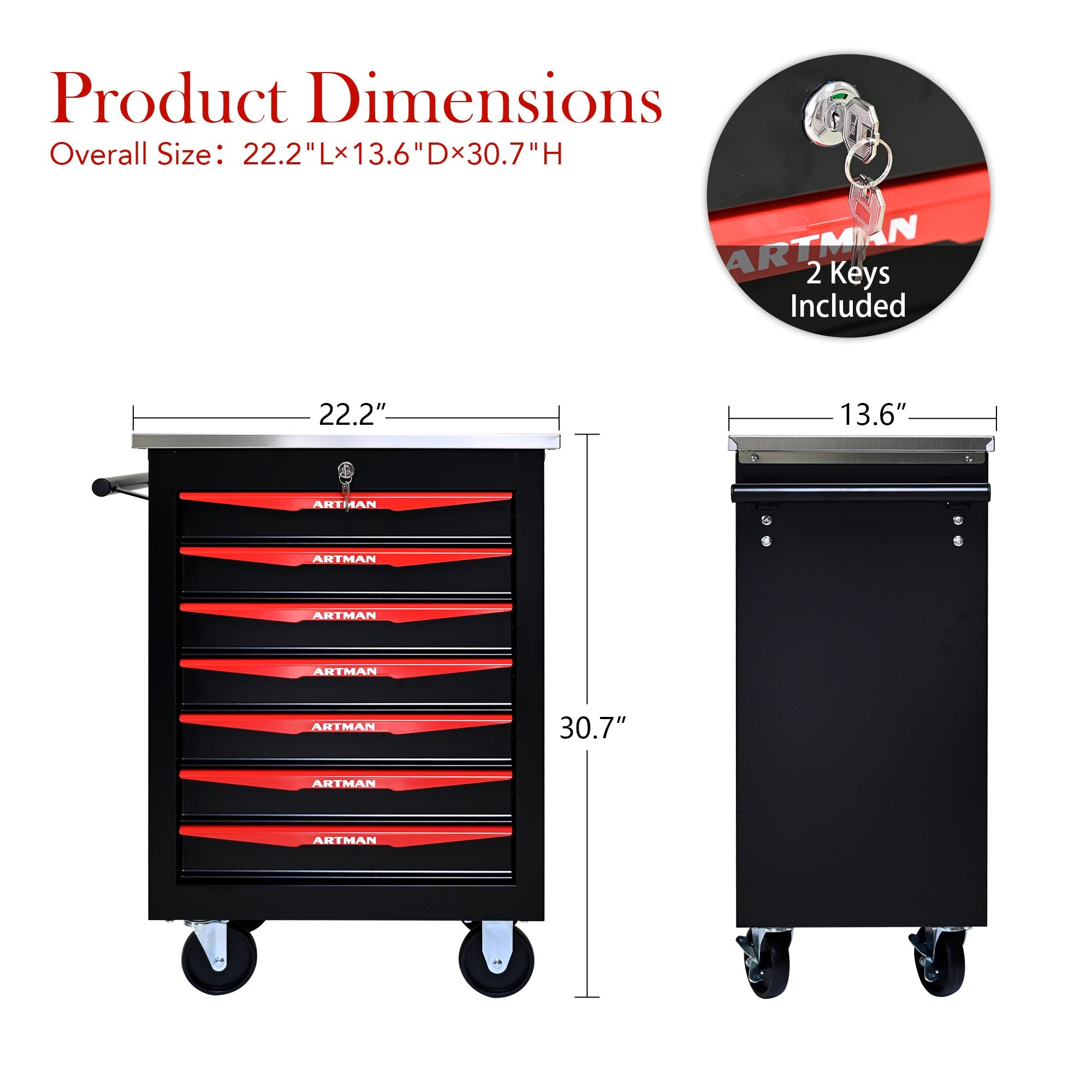 7-Drawer Multifunctional Tool Cart with Wheels, Metal Rolling Tool Cart Storage for Garage Workshop Warehouse Repair Shop - with Stainless Steel Roof - Black & Red