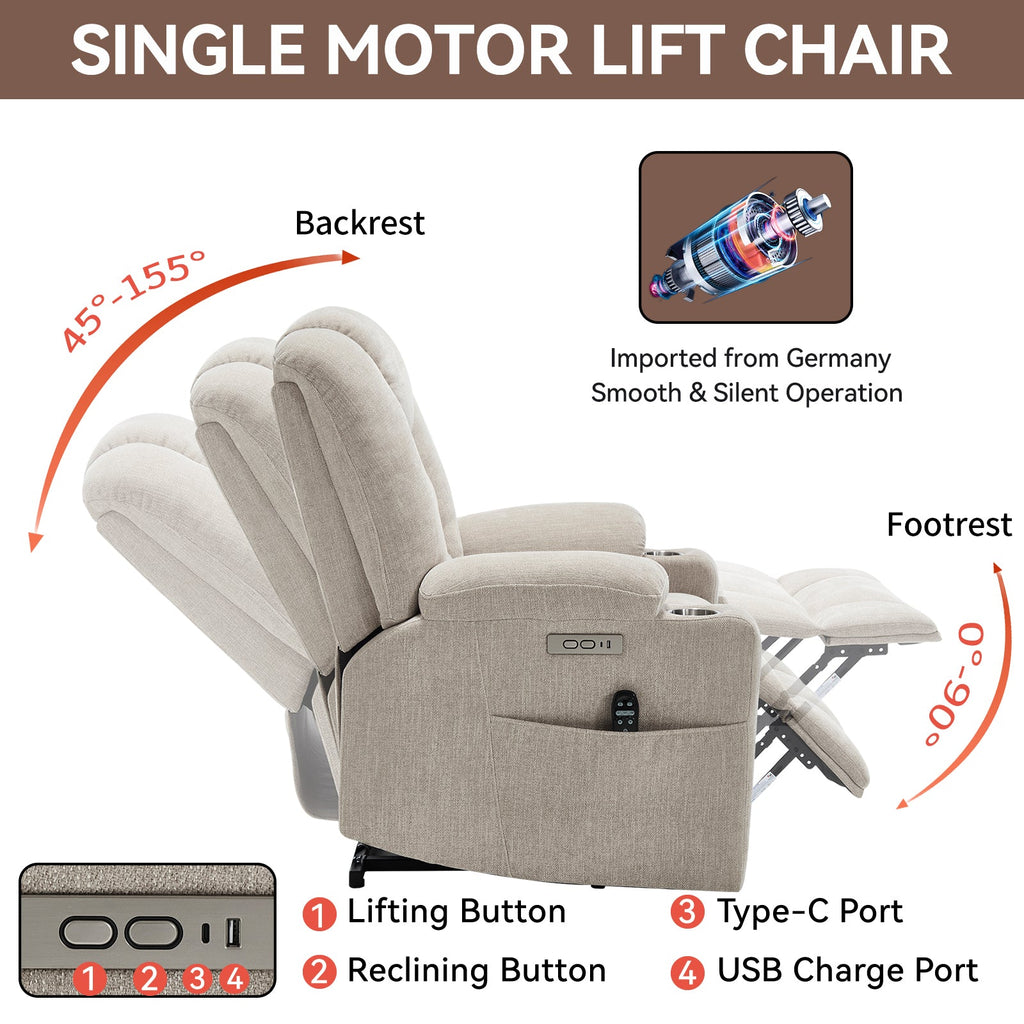 Power Lift Recliner Chair with Massage and Heat for Elderly, Overstuffed Wide Recliners, Heavy Duty Motion Mechanism with USB and Type C Ports, 2 Steel Cup Holders, Beige