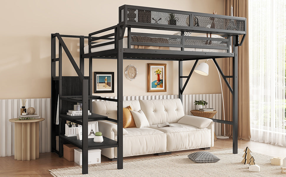 Twin Size Loft Bed with Stairs, Metal Full Loft Bed with Storage Shelves, High Loft Bed with Wardrobe for Kids Teens, Black(Expect Arrival Date 2025/9/22)