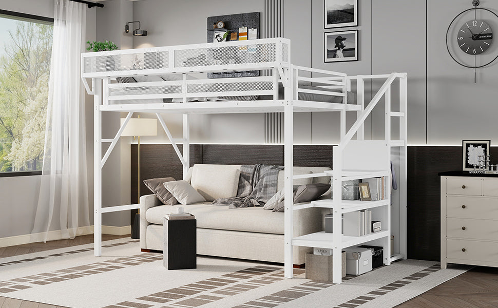 Twin XL Size Loft Bed with Stairs, Metal Full Loft Bed with Storage Shelves, High Loft Bed with Wardrobe for Kids Teens,White(Expect Arrival Date 2025/10/14)