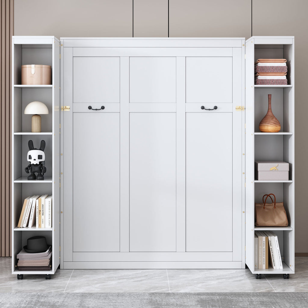 Queen Murphy Bed Wall Bed with Storage Doors, White