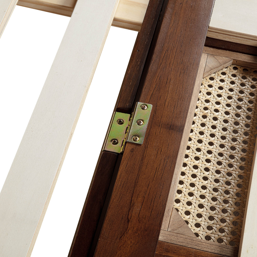 Queen Size Murphy Bed, Pine Wood Cabinet Bed with Power Station and Rattan Decoration Panel,Walnut