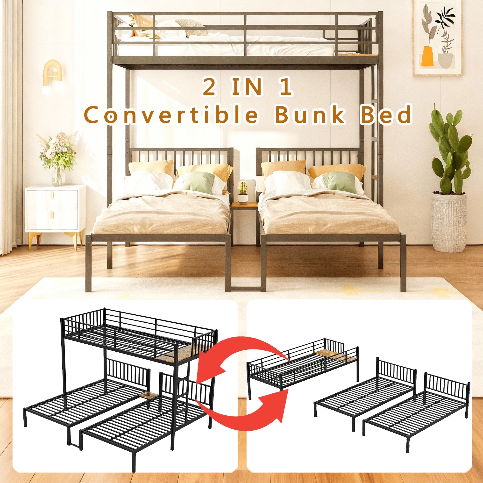 Triple Bunk Bed for Kids,3 Bed Bunk Beds for 3,Metal Triple Bunk Beds,Separates Into 3 Twin Beds,Noise Reduced Structure,Black
