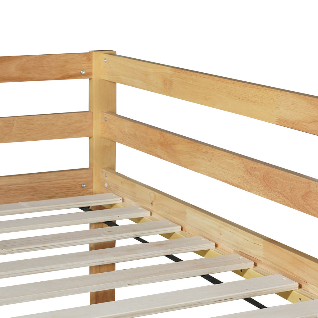 Solid Wooden, Solid Rubber Wooden Twin over Twin Floor Bunk Bed with Ladder, with Bed Platform of Strengthened Slats  , Natural