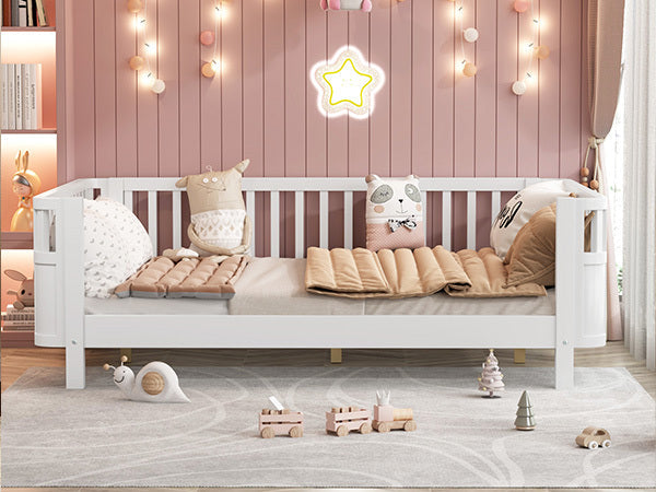 Full Size Wood Platform Bed for Kids, Wood Low Profile Full Bed with Rails for Girls and Boys, White (Patented Design, Old SKU W2593P233767)