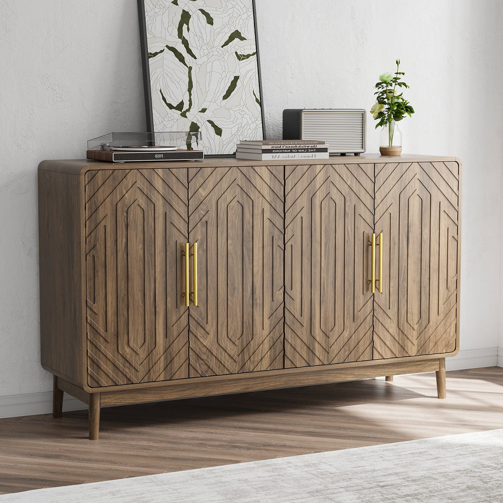 Modern Carved 4-Door Sideboard Buffet Cabinet with Storage, Adjustable Layer Board, Walnut Finish