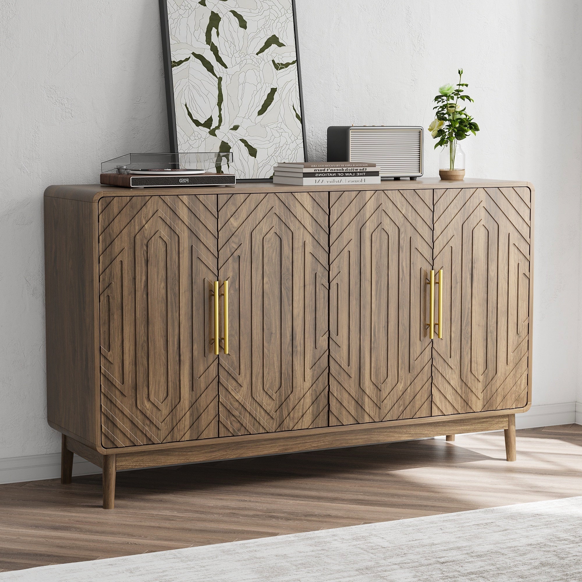 Modern Carved 4-Door Sideboard Buffet Cabinet with Storage, Adjustable Layer Board, Walnut Finish