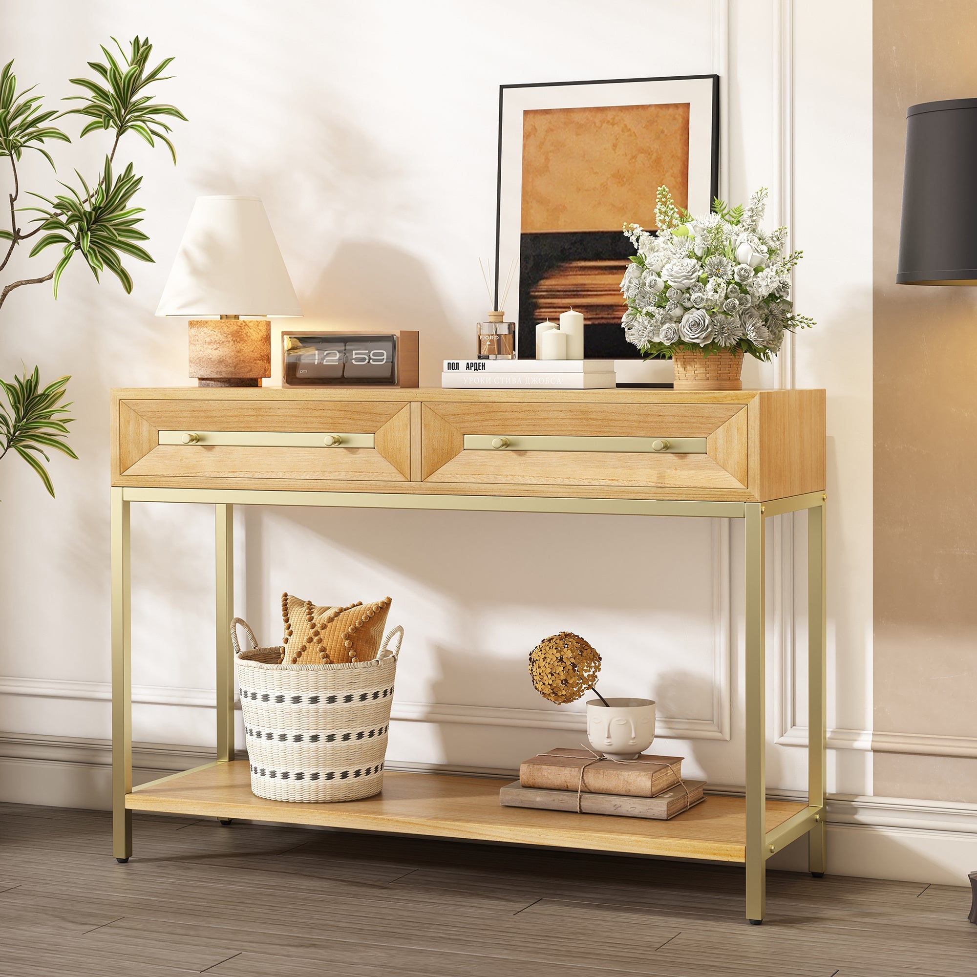 TREXM Entryway Table, Console Table with Two Drawers, Retro Hallway Table with Striking Geometric Design for Entryway and Living Room (Natural)