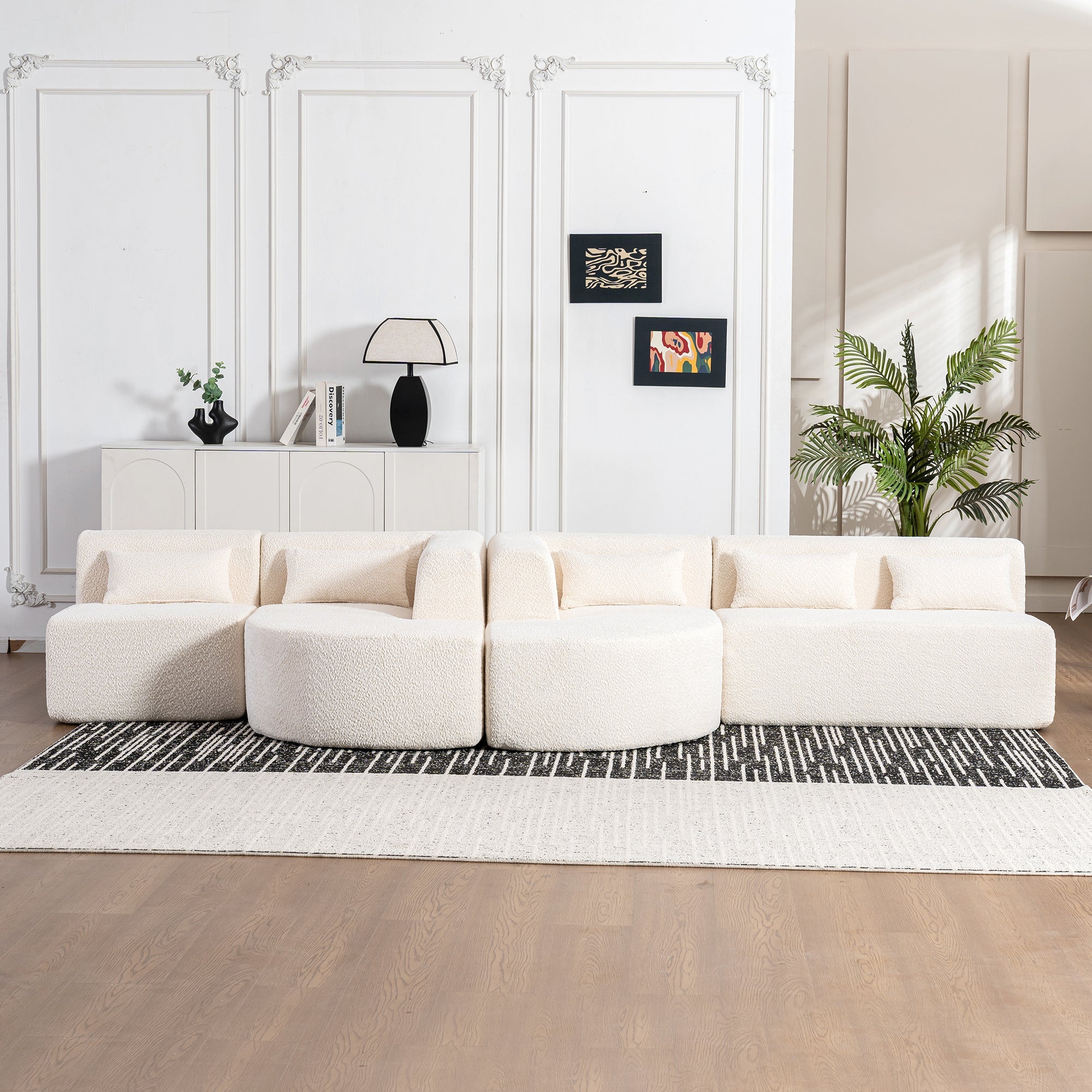 144' Upholstered Sofa Free-combined Sofa Couch with Two Chaise Lounge and Five Back Pillows for Living Room(Old SKU: N719S001600A), Beige