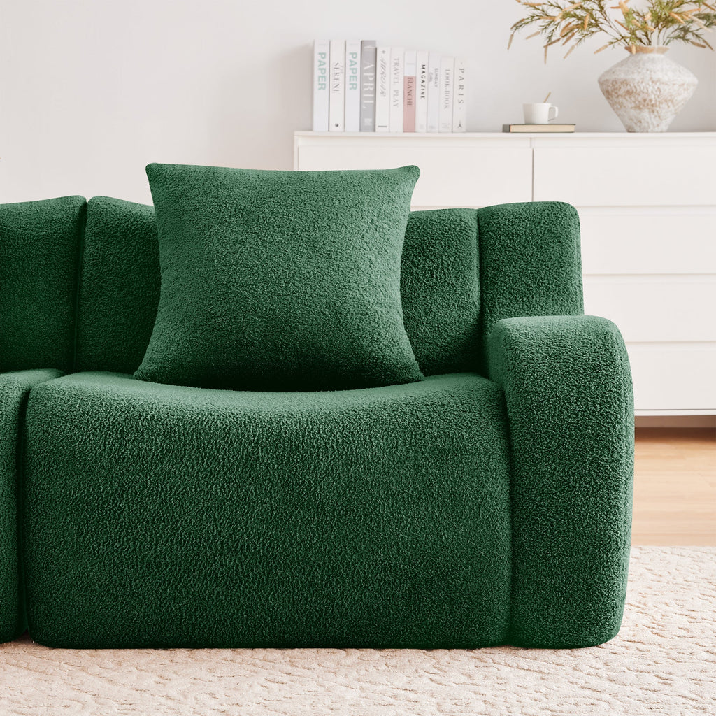 U-Shaped Boneless Sofa,Teddy Fabric No assembly required   Curved armrest,Anti-slip Design,Streamlined Design 32D High Density Sponge,Full Compression Vacuum Packag,For Studies living Rooms,Green
