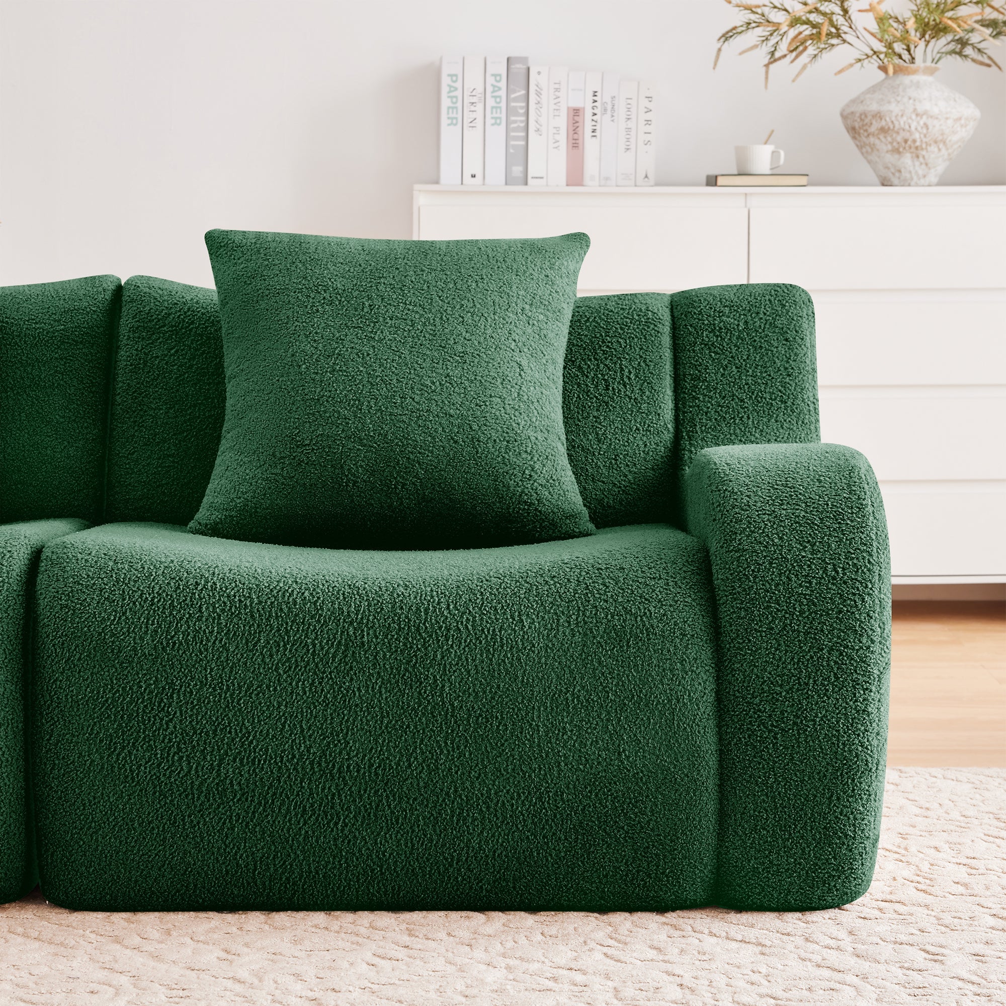 U-Shaped Boneless Sofa,Teddy Fabric No assembly required   Curved armrest,Anti-slip Design,Streamlined Design 32D High Density Sponge,Full Compression Vacuum Packag,For Studies living Rooms,Green