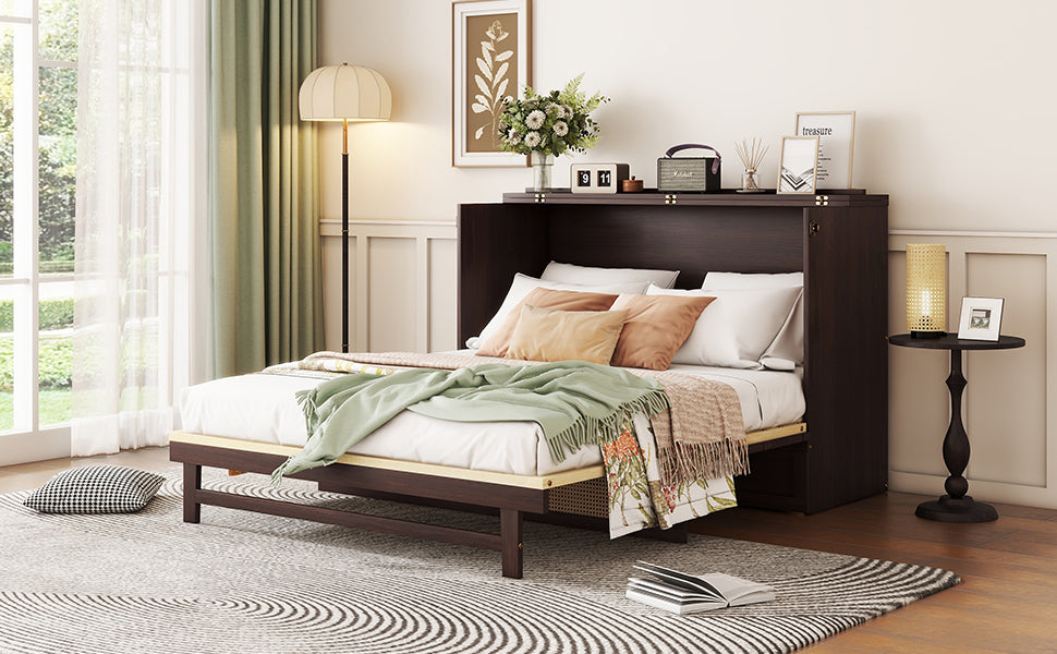 Queen Size Murphy Bed, Pine Wood Cabinet Bed with Rattan Decoration and Storage Drawer,Espresso