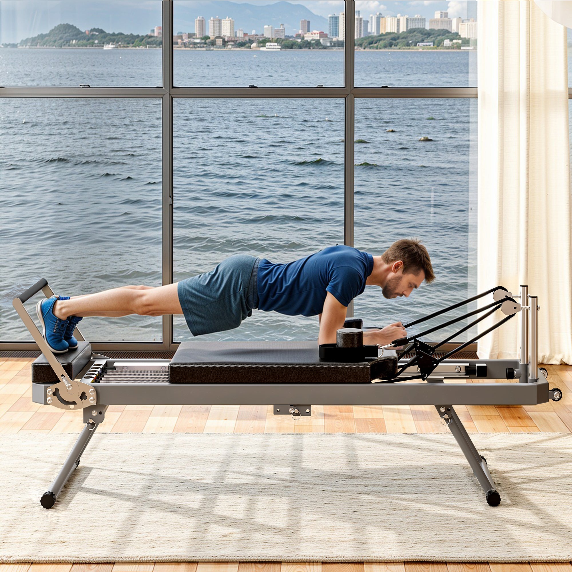Extra Large Pilates Reformer - Multi-functional Home Fitness Equipment, 395lbs Capacity, with Dynamic Resistance Cords and Aerobic Rebounder, Improves Posture, Builds Strength, Reduces Stress, black