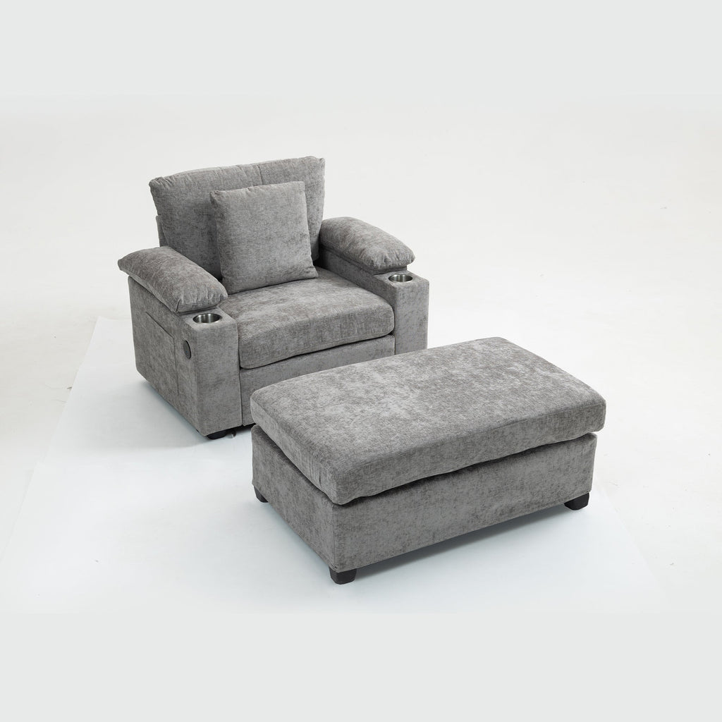Modern Oversized Chair with Ottoman,Chenille Fabric Sofa Bed,Accent Chair Comfy Sofa with Cupholders and USB Charging Ports Chair for Living Room,Bedroom,Apartment