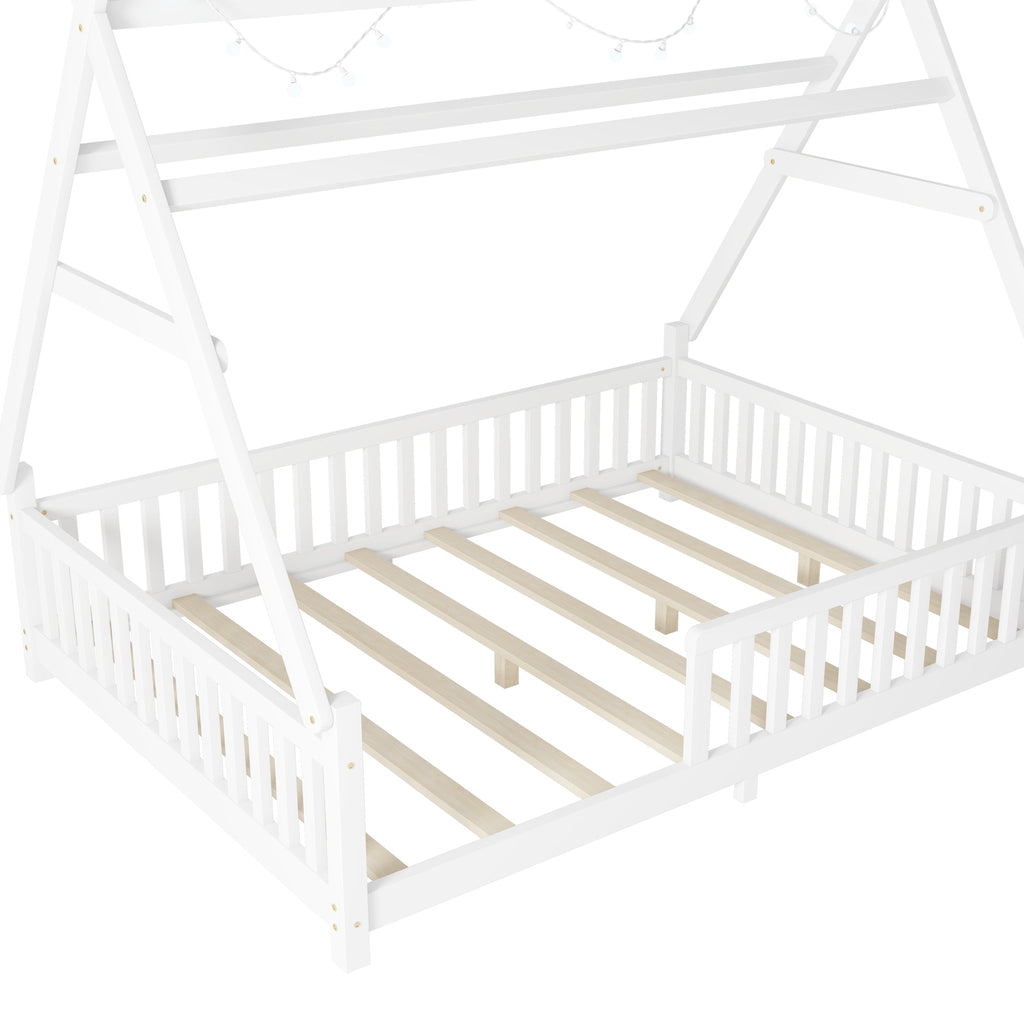 Full House Bed with Light, Low Floor House Bed with Fence and Roof for Kids Boys Girls,White(Expect arrive date 2025/7/20)