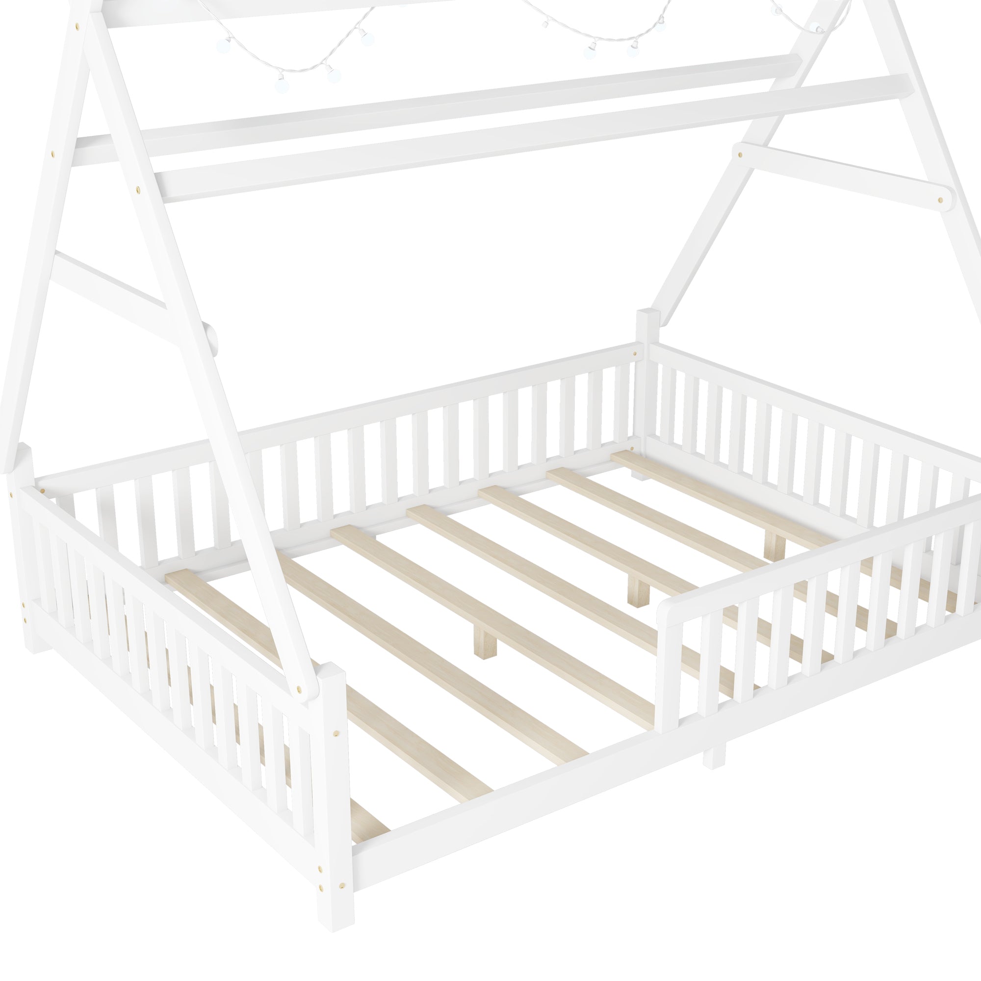 Full House Bed with Light, Low Floor House Bed with Fence and Roof for Kids Boys Girls,White(Expect arrive date 2025/7/20)