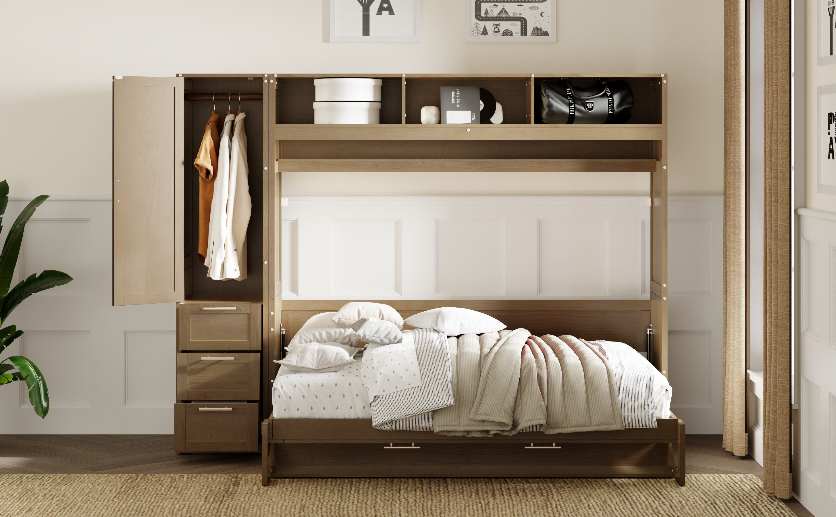 Full Size Murphy Bed with Wardrobe, Drawers and Open Shelves, Antique Wood