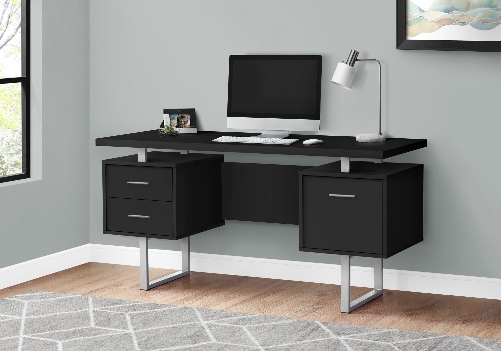 Computer Desk, Home Office, Laptop, Left, Right Set-up, Storage Drawers, 60'l, Work, Black Laminate, Grey Metal, Contemporary, Modern