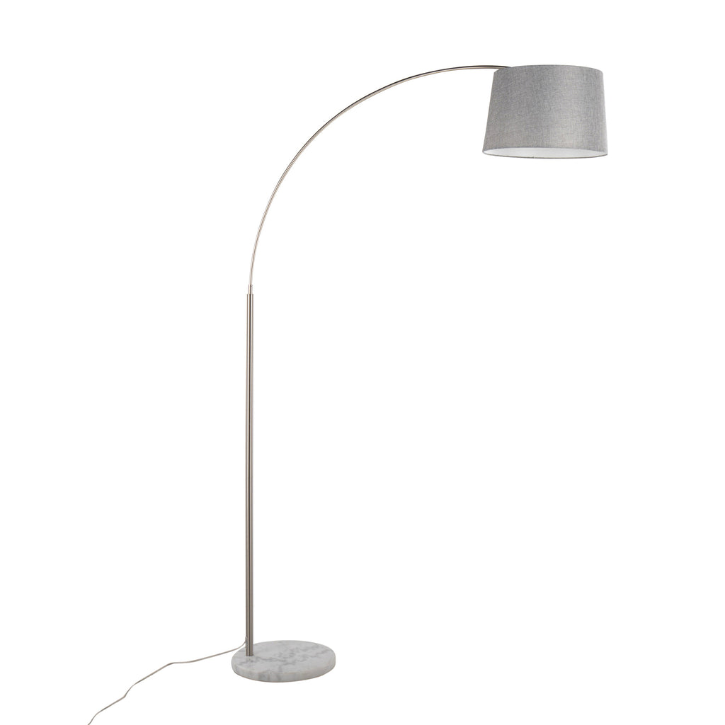 March Contemporary Floor Lamp in White Marble and Nickel with Grey Linen Shade by LumiSource