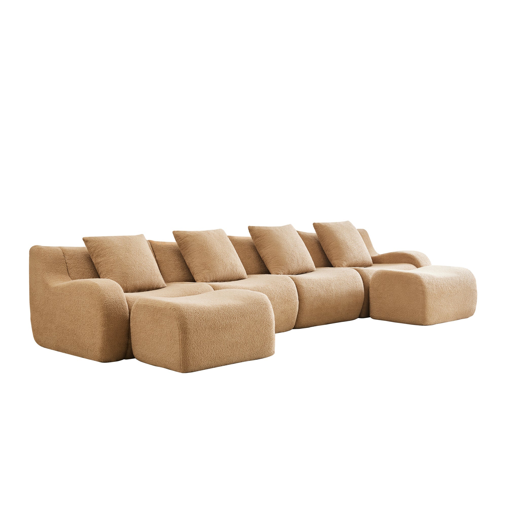 U-Shaped Boneless Sofa,Teddy Fabric No assembly required   Curved armrest,Anti-slip Design,Streamlined Design 32D High Density Sponge,Full Compression Vacuum Packag,For Studies living Rooms,Camel