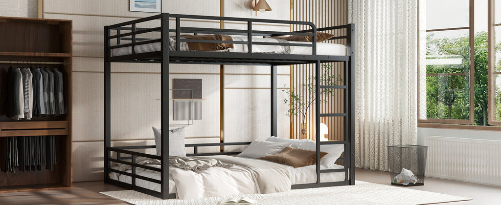 Metal Bunk Bed, Full XL over Full XL Floor Bunk Bed Frame,Heavy-Duty Bunk Bed for Kids, Teens, Adults, Noise-reduced Design, Black