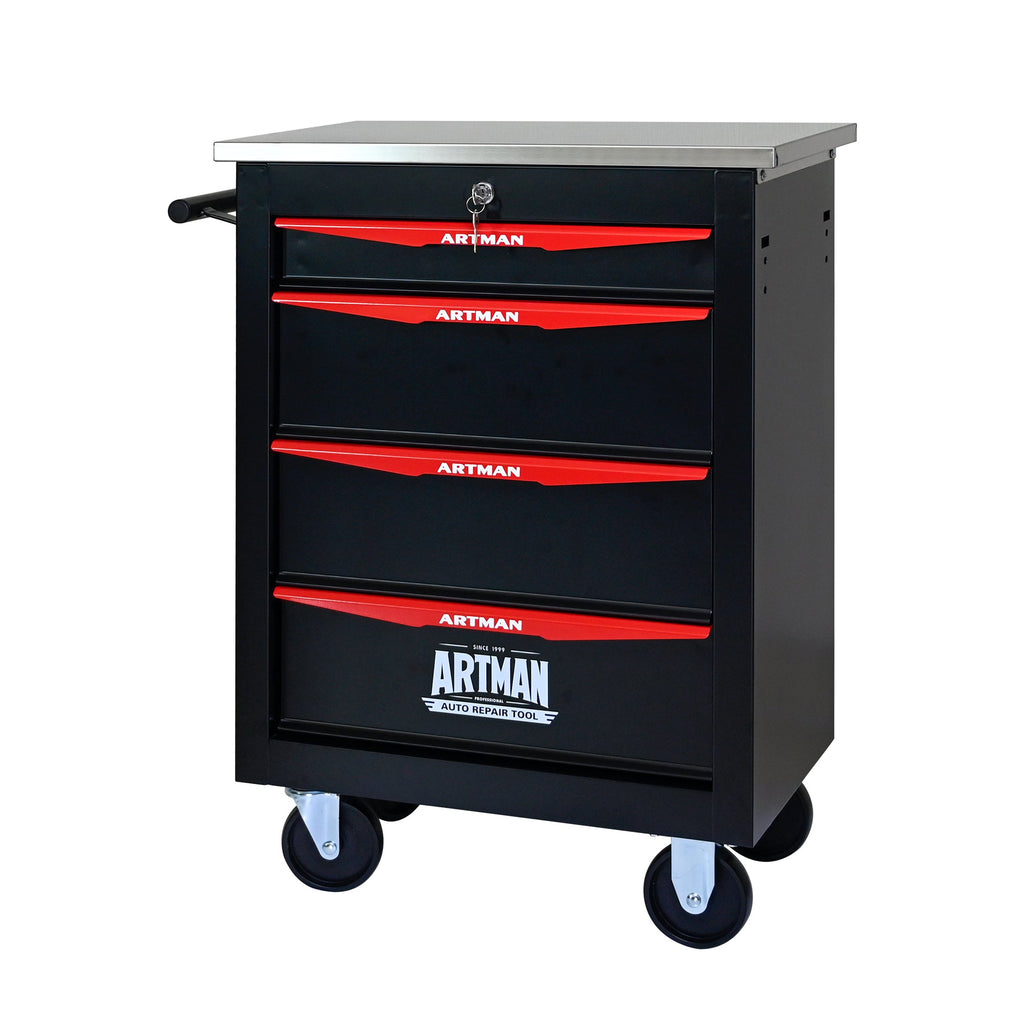 4-Drawer Multifunctional Tool Cart with Wheels, Metal Rolling Tool Cart Storage for Garage Workshop Warehouse Repair Shop - with Stainless Steel Roof - Black & Red