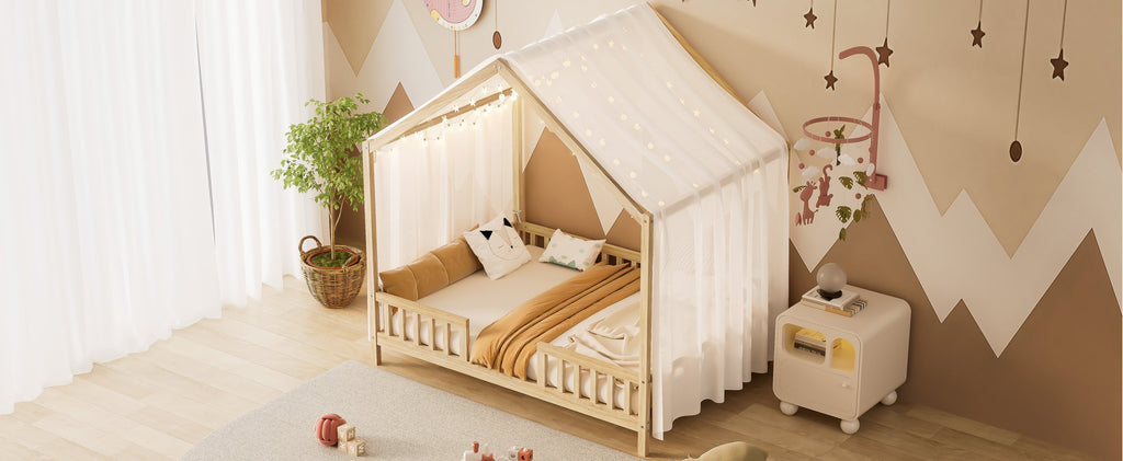 Montessori Floor Bed with Canopy, Full Bed Frame for Kids, House Shape Kids Bed Frame with High Railings, Wood Kids Bed with Roof, Kid Full Bed, Natural