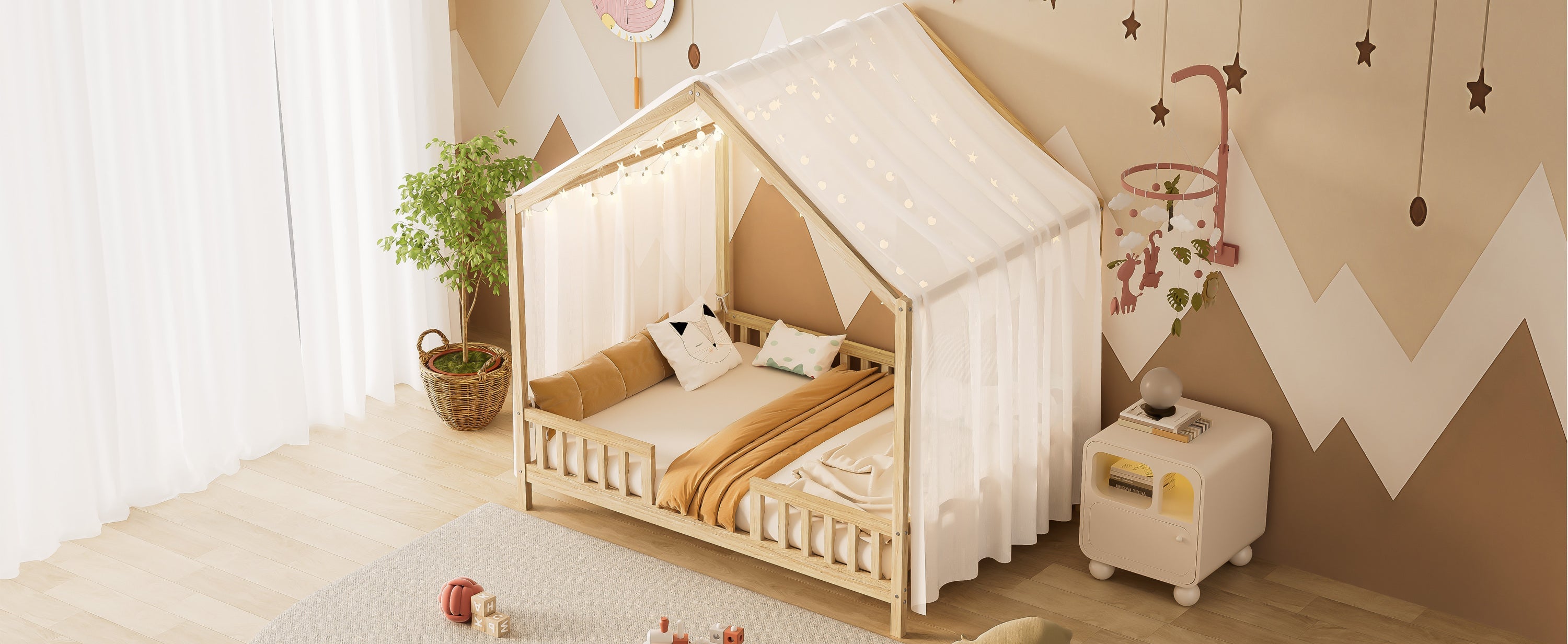 Montessori Floor Bed with Canopy, Full Bed Frame for Kids, House Shape Kids Bed Frame with High Railings, Wood Kids Bed with Roof, Kid Full Bed, Natural