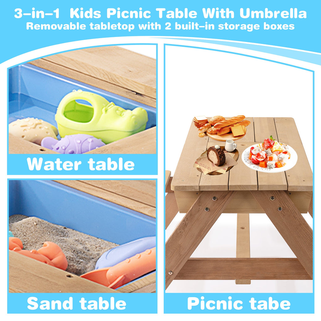 D-road 3-in-1 Kids Outdoor Wooden Picnic Table with Adjustable Umbrella and Convertible Sand & Water Activity, Gray, Solid Cedar Wood