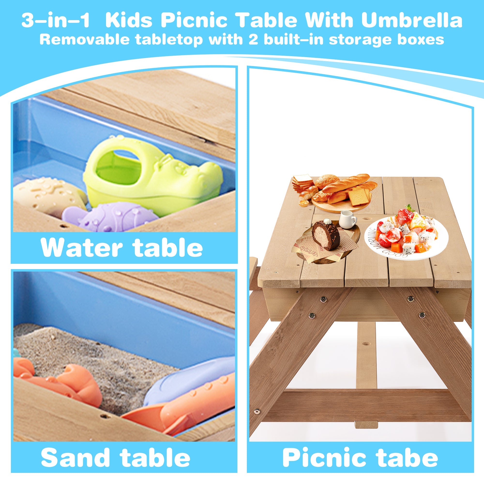 D-road 3-in-1 Kids Outdoor Wooden Picnic Table with Adjustable Umbrella and Convertible Sand & Water Activity, Gray, Solid Cedar Wood