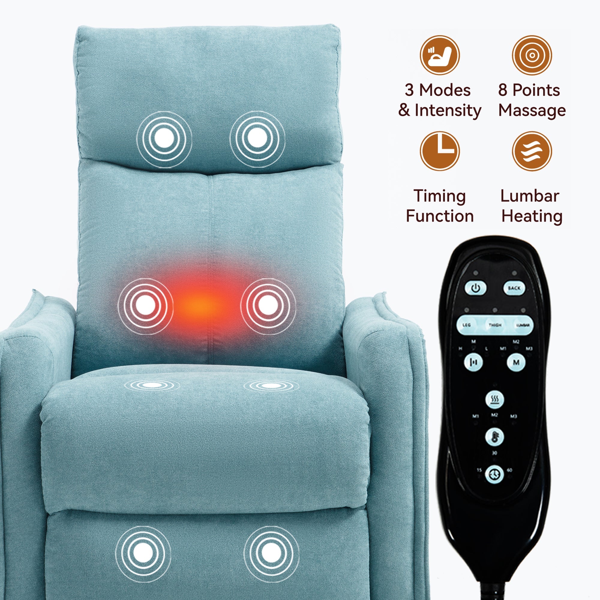 Heat Massage Manual Recliner Chair with Rocker and Swivel in Fabric for Living Room, Blue-Green
