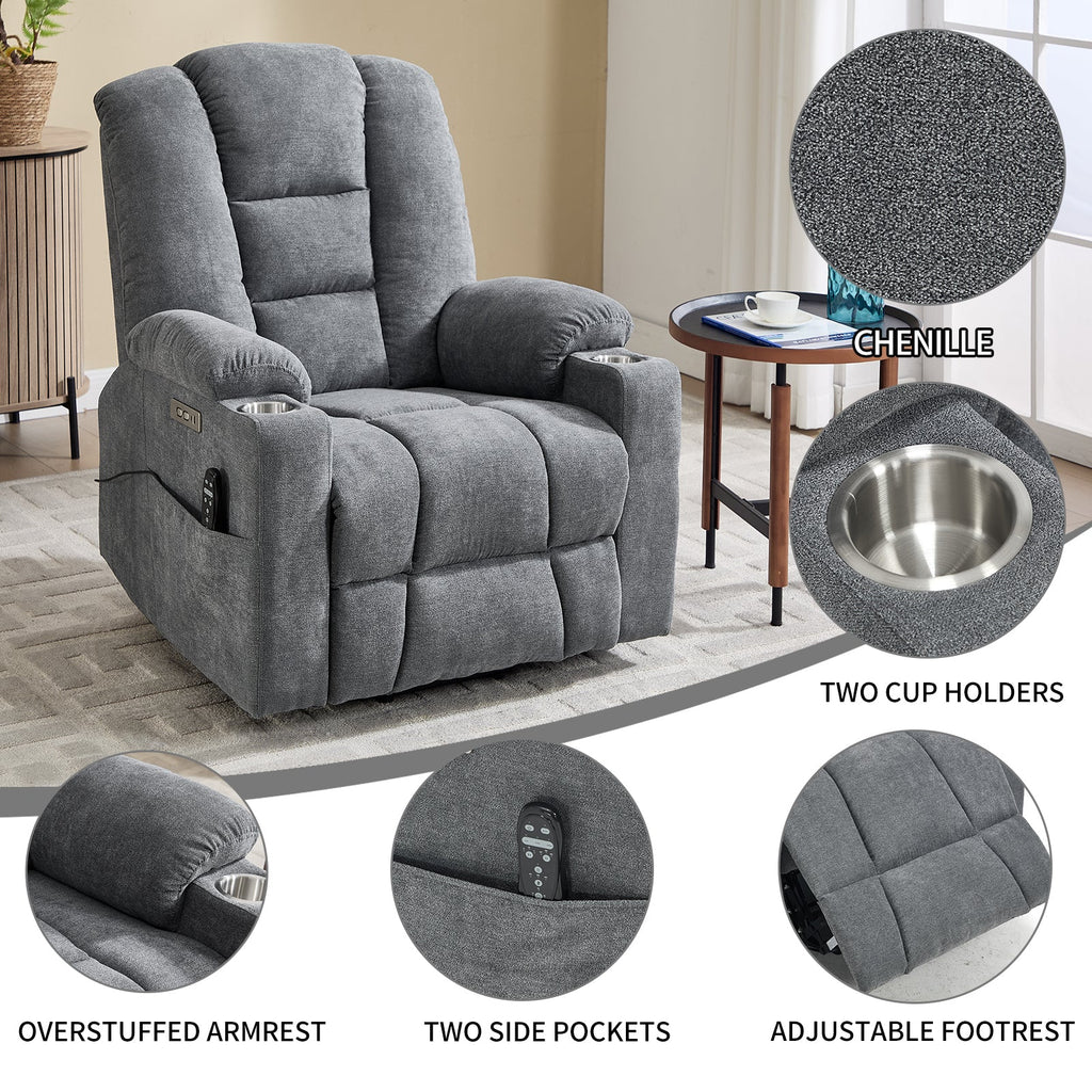 Lift Recliner Chair with Massage and Heat for Elderly, Overstuffed Wide Recliners, Heavy Duty Motion Mechanism with USB and Type C Ports, 2 Steel Cup Holders, Blue Grey
