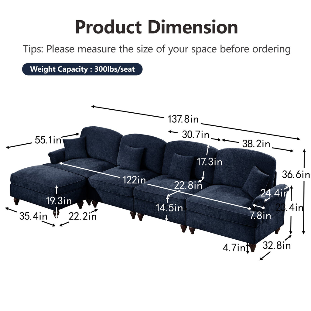 Classic Three Seater Modular L Shaped Sectional Couch with Flared Arms and Removable Ruffles Pleats Skirts and Spindle Legs, Comfy Chenille Four-Seat Deep Seat Sofa with Movable Ottoman, Blue