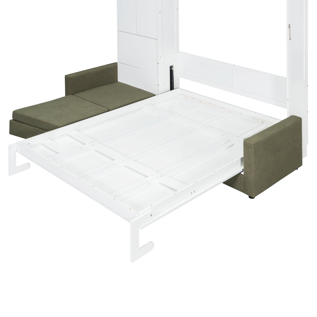 Queen Size Murphy Bed Wall Bed with Sofa and Shelves,White Panel, Green Sofa