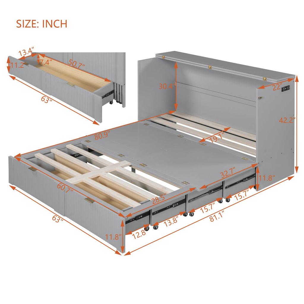 Queen Size Murphy  Bed with drawer and a set of Sockets & USB Ports, Pulley Structure Design, Gray