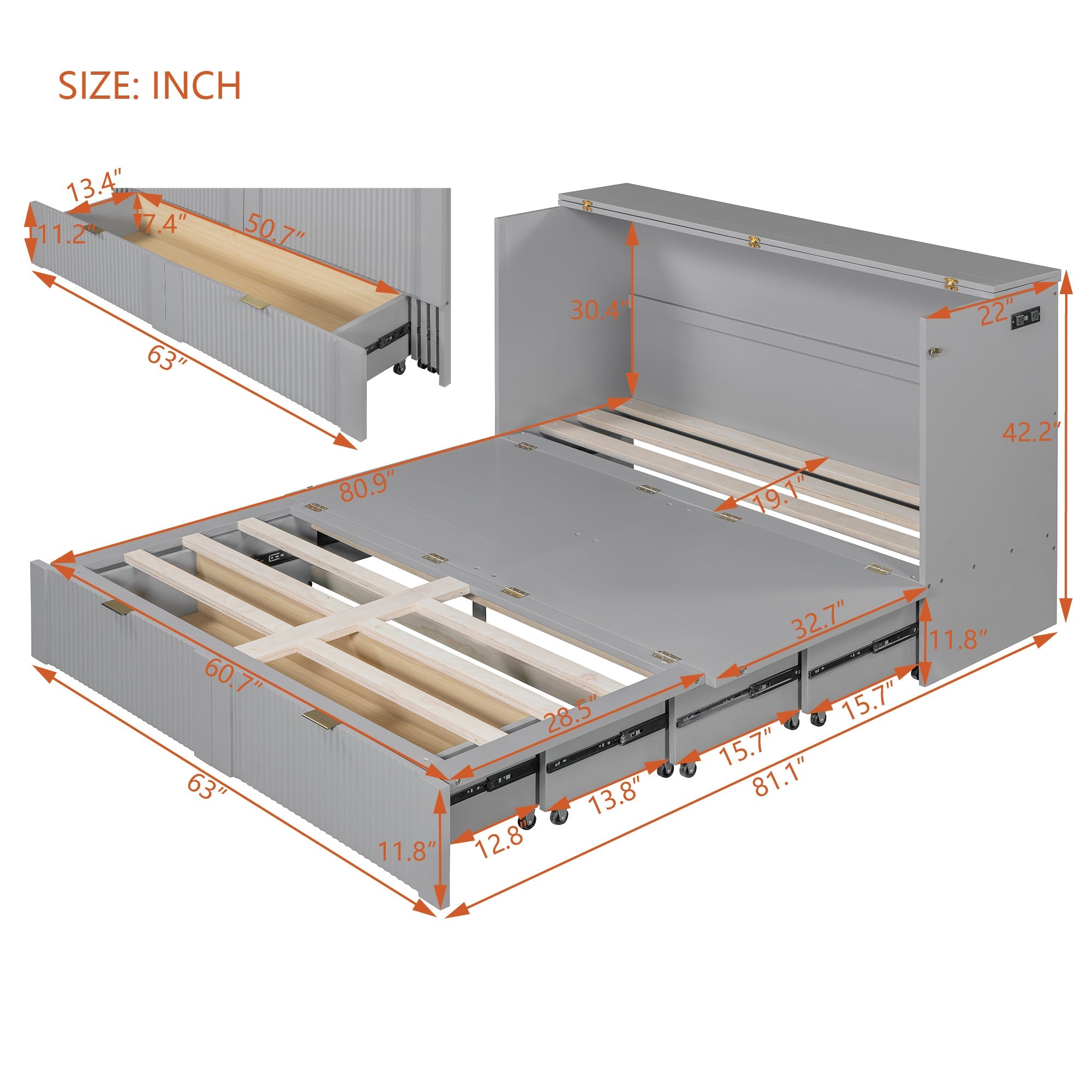Queen Size Murphy  Bed with drawer and a set of Sockets & USB Ports, Pulley Structure Design, Gray