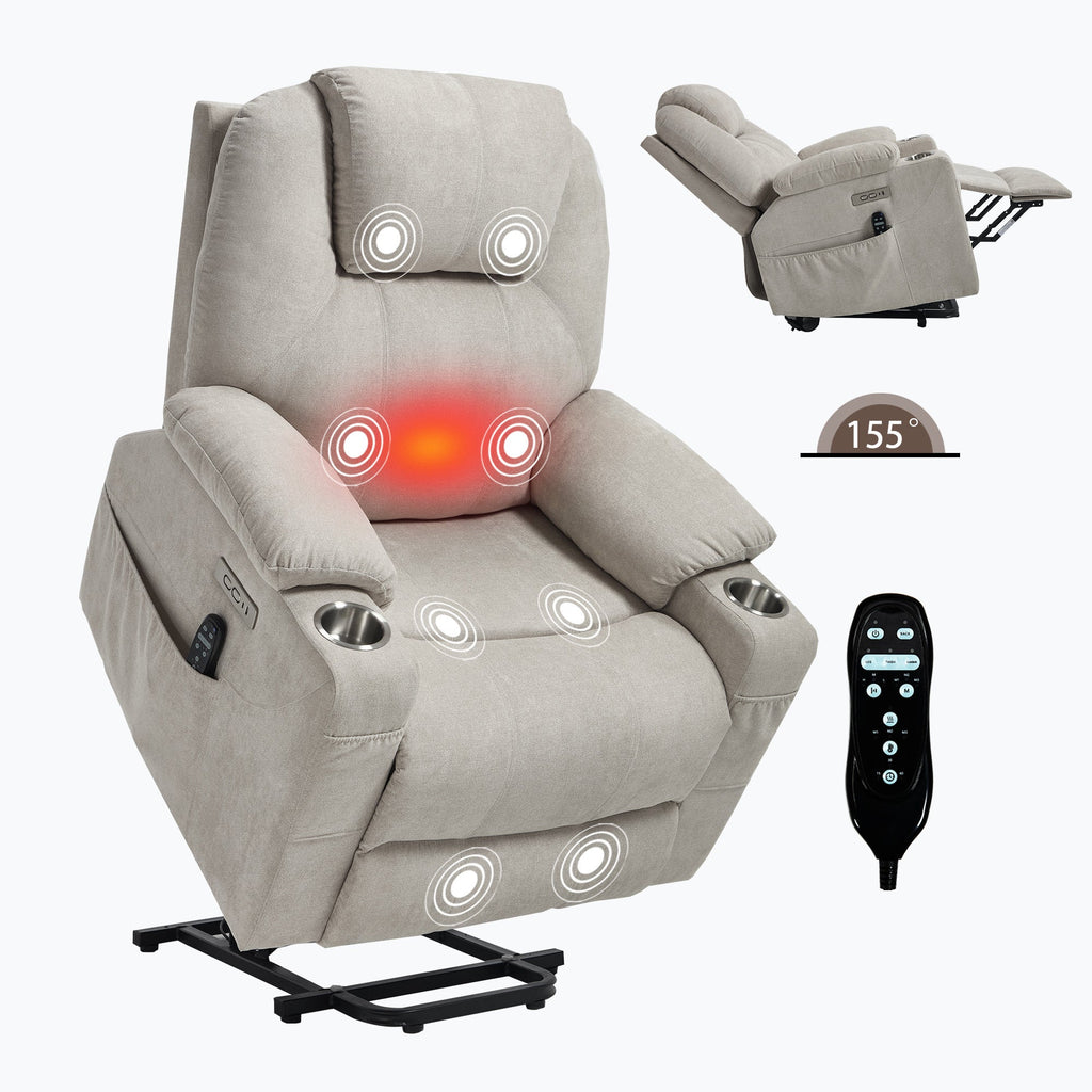 Up to 350 LBS polyester Power Lift Recliner Chair, Heavy Duty Motion Mechanism with 8-Point Vibration Massage and Lumbar Heating, USB and Type-C Ports, Stainless Steel Cup Holders, Beige