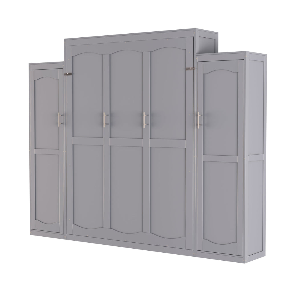 Queen Size Murphy Bed, Wooden Queen Wall Bed with 2 Wardrobe and Storage Shelf, Multifunctional Foldable Platform Bedframe for Guest-Room, Bedroom, Gray