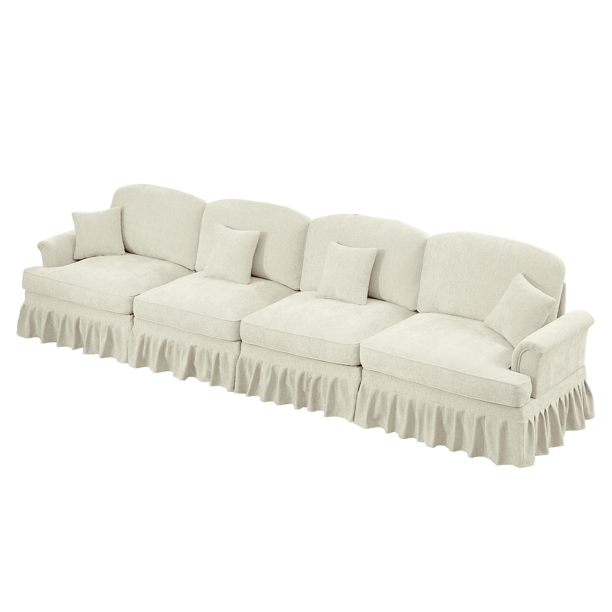 Elegant Mid Century Large 4 Seater Sofa Couch with Flared Arms and Removable Ruffles Pleats Skirts and Spindle Legs, Comfy Chenille Four-Seat Sofa for Living Room, Beige White